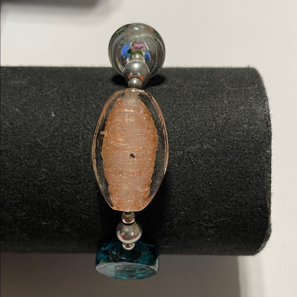 Peach, Blue and Green Glass Bead Bracelet